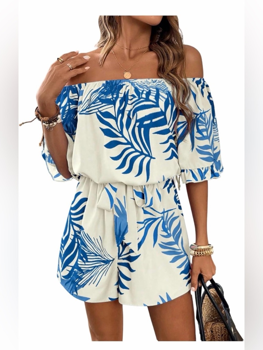 Off-Shoulder Paisley Romper in Cream & Teal